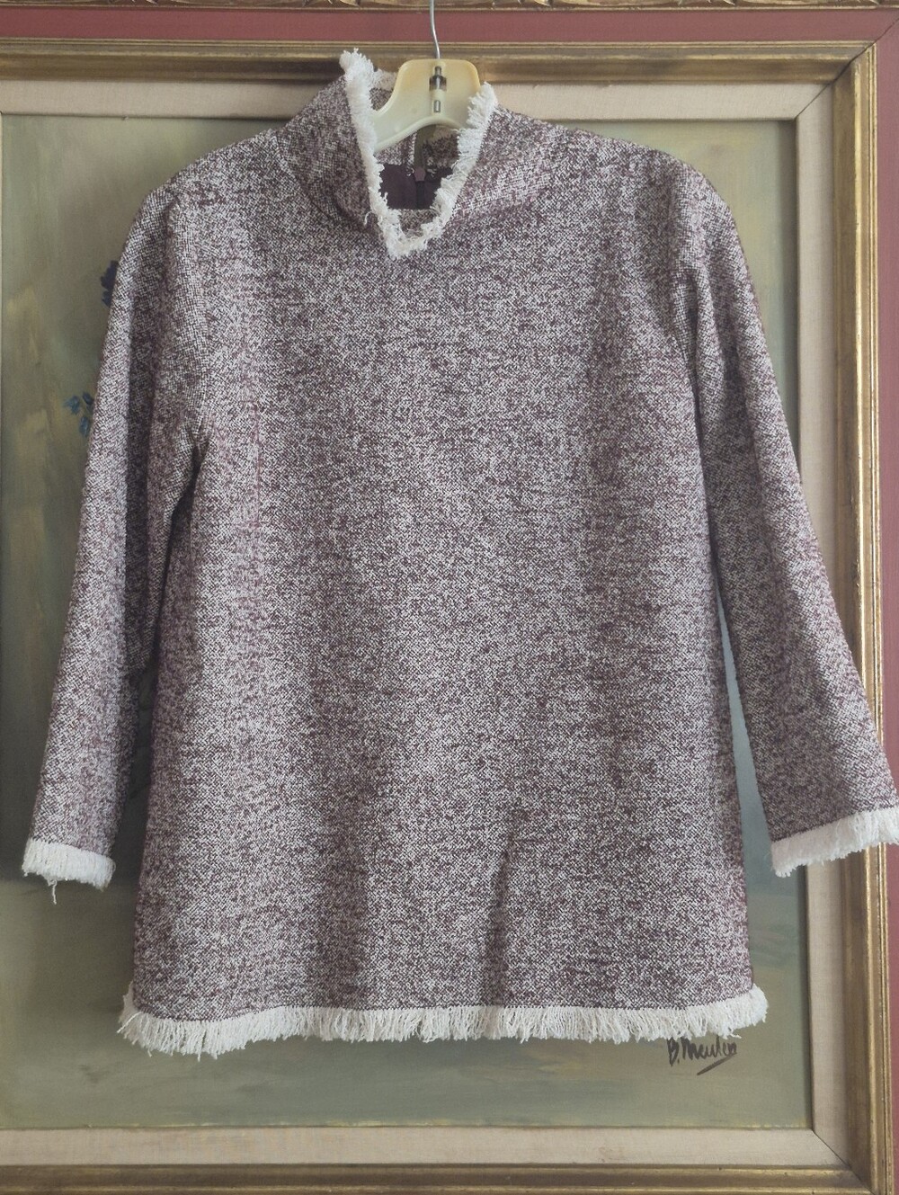 ANN MASHBURN Heathered Burgundy Fringe-Trim Turtleneck Sweater